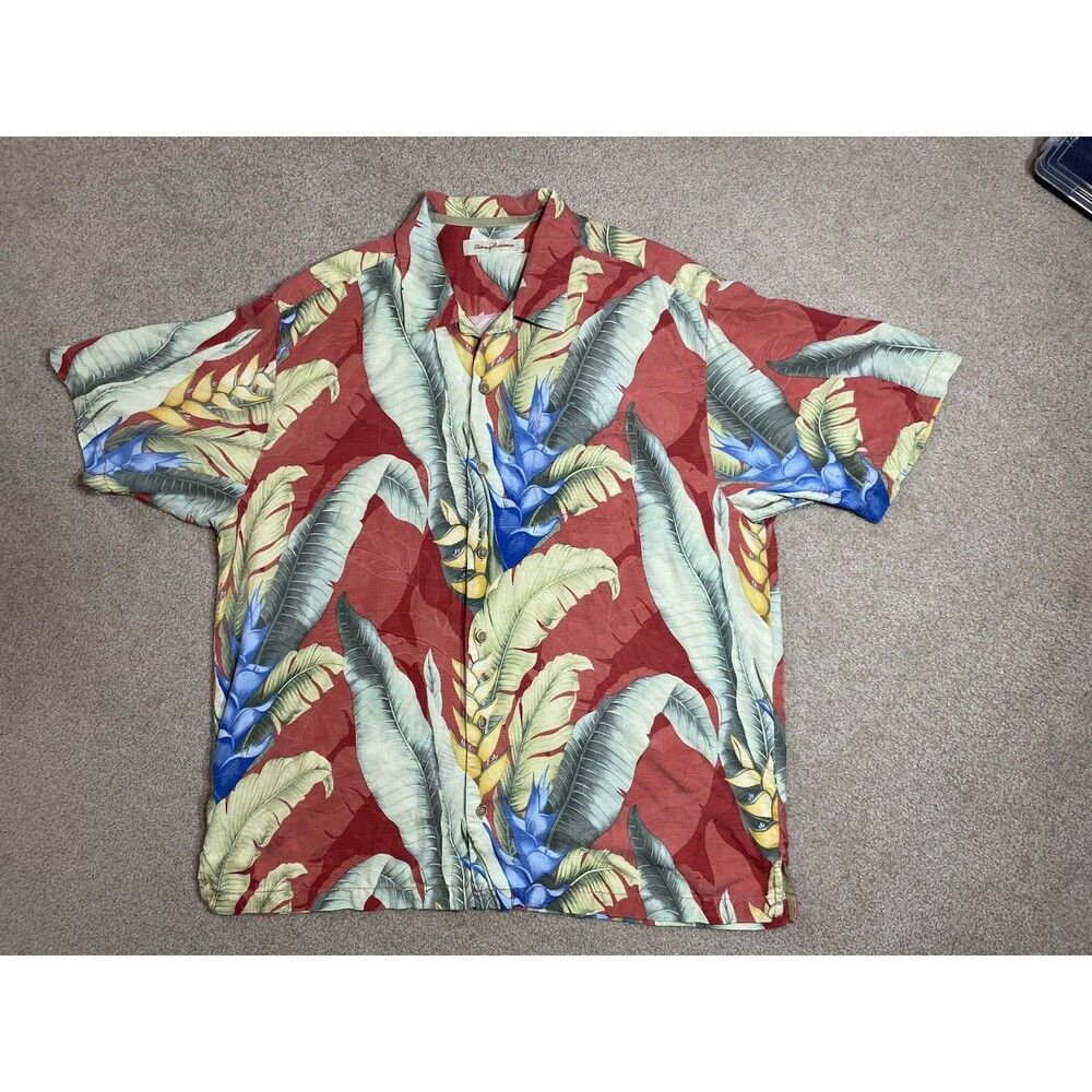 Vintage Tommy Bahama XL Red Tropical Floral Leaf 100% Silk Hawaiian Shirt